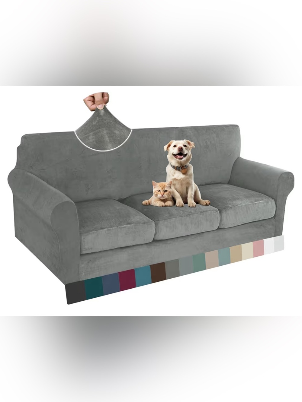 Gray Stretch Velvet Sofa Cover - Pet-Friendly Couch Protector